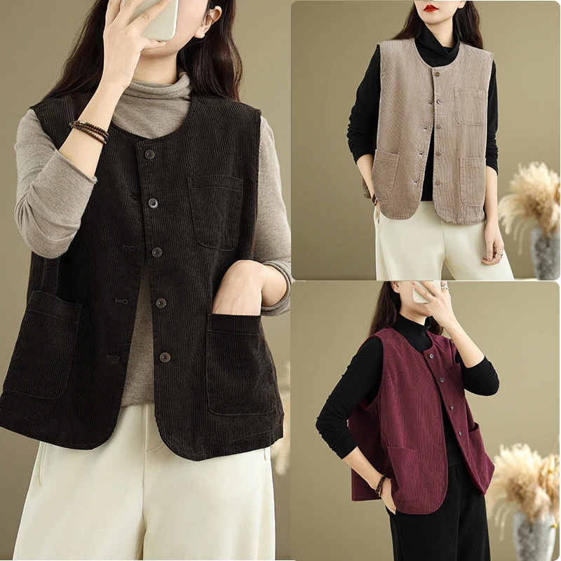 Spring 2026 round Neck Versatile Loose Casual Commuting Retro Vest Jacket Women's Fashion Comfortable Cotton Polyester Blend