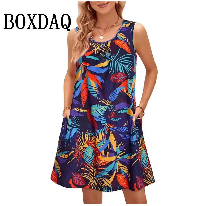 Bohemian Print New Casual Sleeveless Women's Round Neck Dress Retro Sundress Loose Dress Summer Vest Pockets Female Dresses 2025