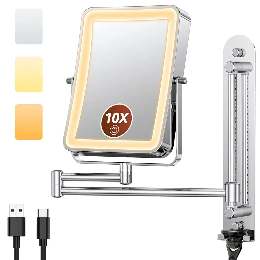 Adjustable Wall Mounted Lighted Makeup Mirror with Lights, 10X Magnifying Mirror for Bathroom, 7in Slide Rail and 360 Extended A