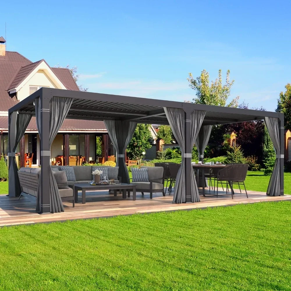 Louvered Pergola 10x20, Aluminum Pergola with Adjustable Louvered Roof, Outdoor Pergola with Waterproof Curtains and Nets, Gray