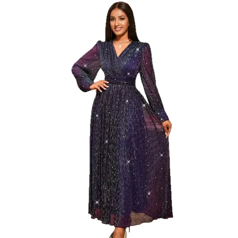 

Plus Size African Dresses for Women Elegant Autumn African Long Sleeve V-neck Sequin Party Evening Long Maxi Dress Gowns Outfits
