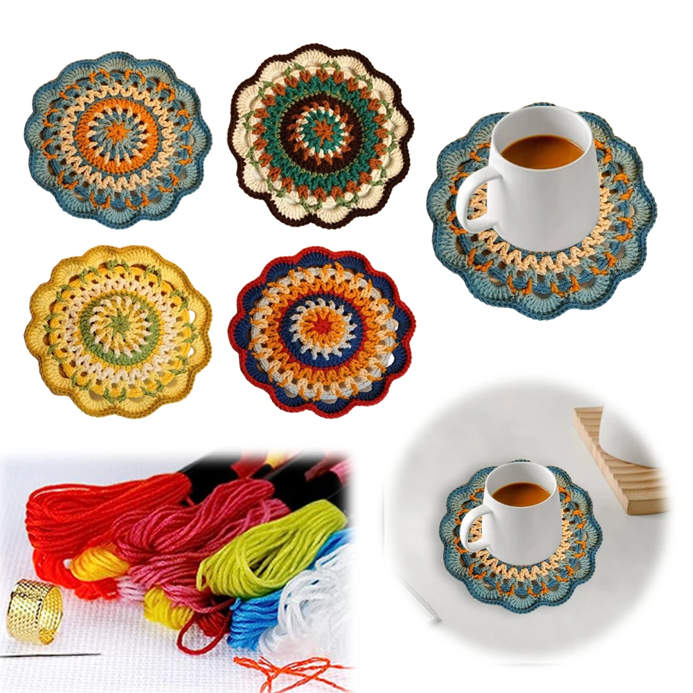 

Crochet Colorful Mandala Coaster DIY Material Package with Crochet Hook Mandala Pattern Coasters Set Mandala Ceramic Cup Coaster