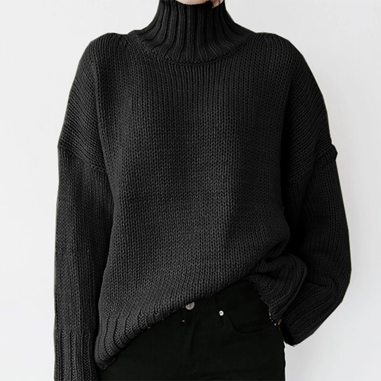 

2024 New Solid Mock Neck 100%Wool Cashmere Sweater Female Autumn Winter Loose Sweater Knitted Wool Bottoming Pullover Casual Top