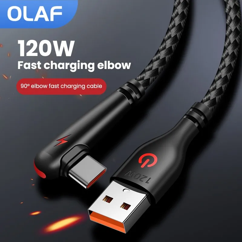 Olaf  90 Degree Elbow USB Type C Cable 120W Fast Charging Cable for Samsung Xiaomi Huawei Mobile Phone USB Charger Data Cable