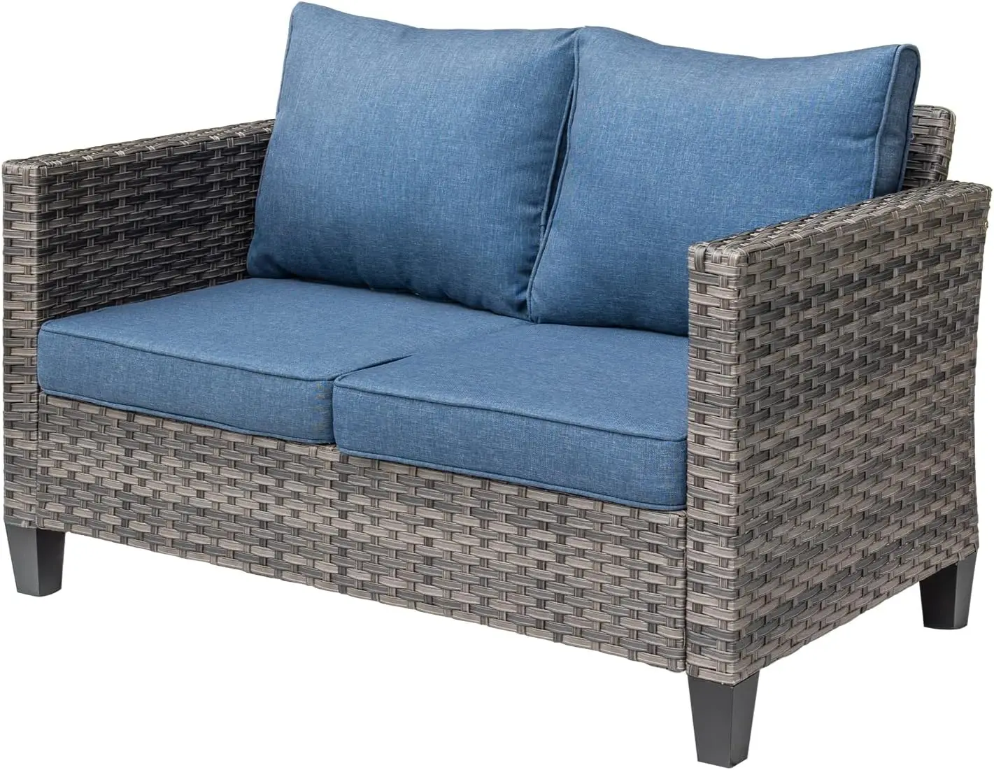 

Patio Sofa All Weather Outdoor Furniture Loveseat Couch High Back Wicker Rattan Loveseat Couch for Backyard Porch, Denim Blue