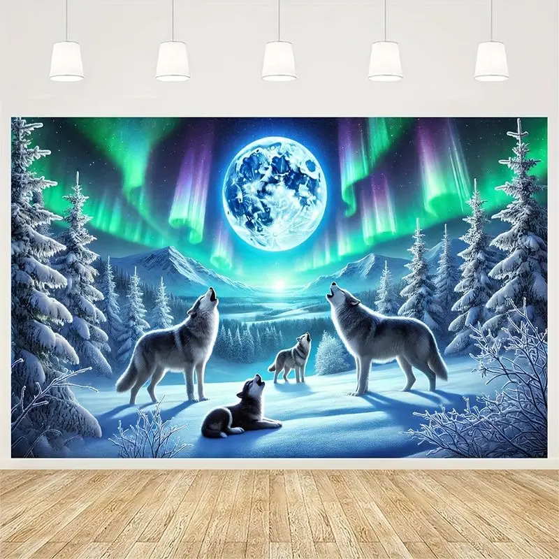 VIKAMA Aurora Full Moon Snowfield Wolf Scenery Tapestry, Natural Wall Hanging for Bedroom Living Room Decor