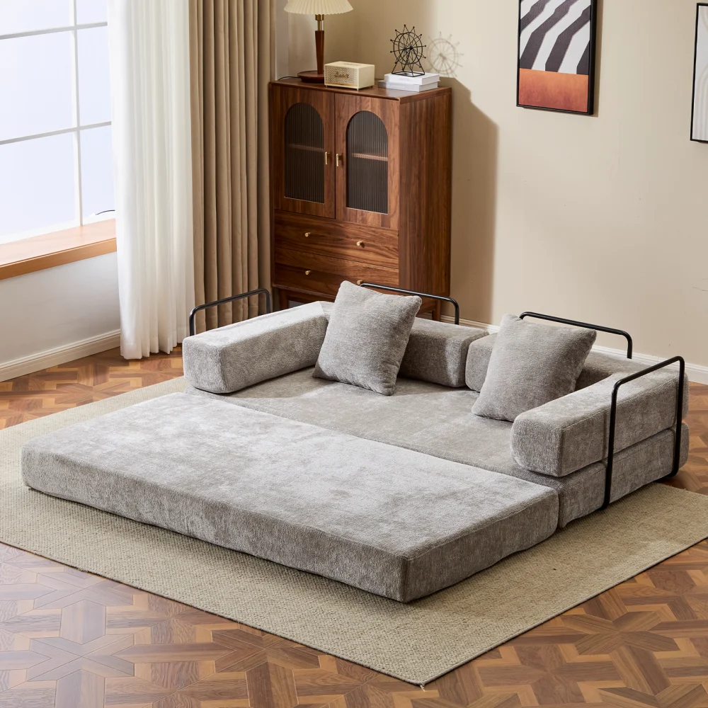 

Light Grey Chenille Floor Couch: Convertible Sofa Bed with Pillow Back & Armrest