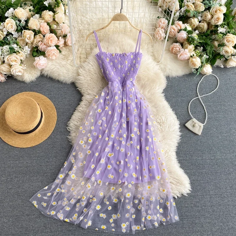 

Romantic Floral Print Straps Long Dress Women Basic Elastic High Waist Mesh Beach Dress Vacation Sundress Vestidos