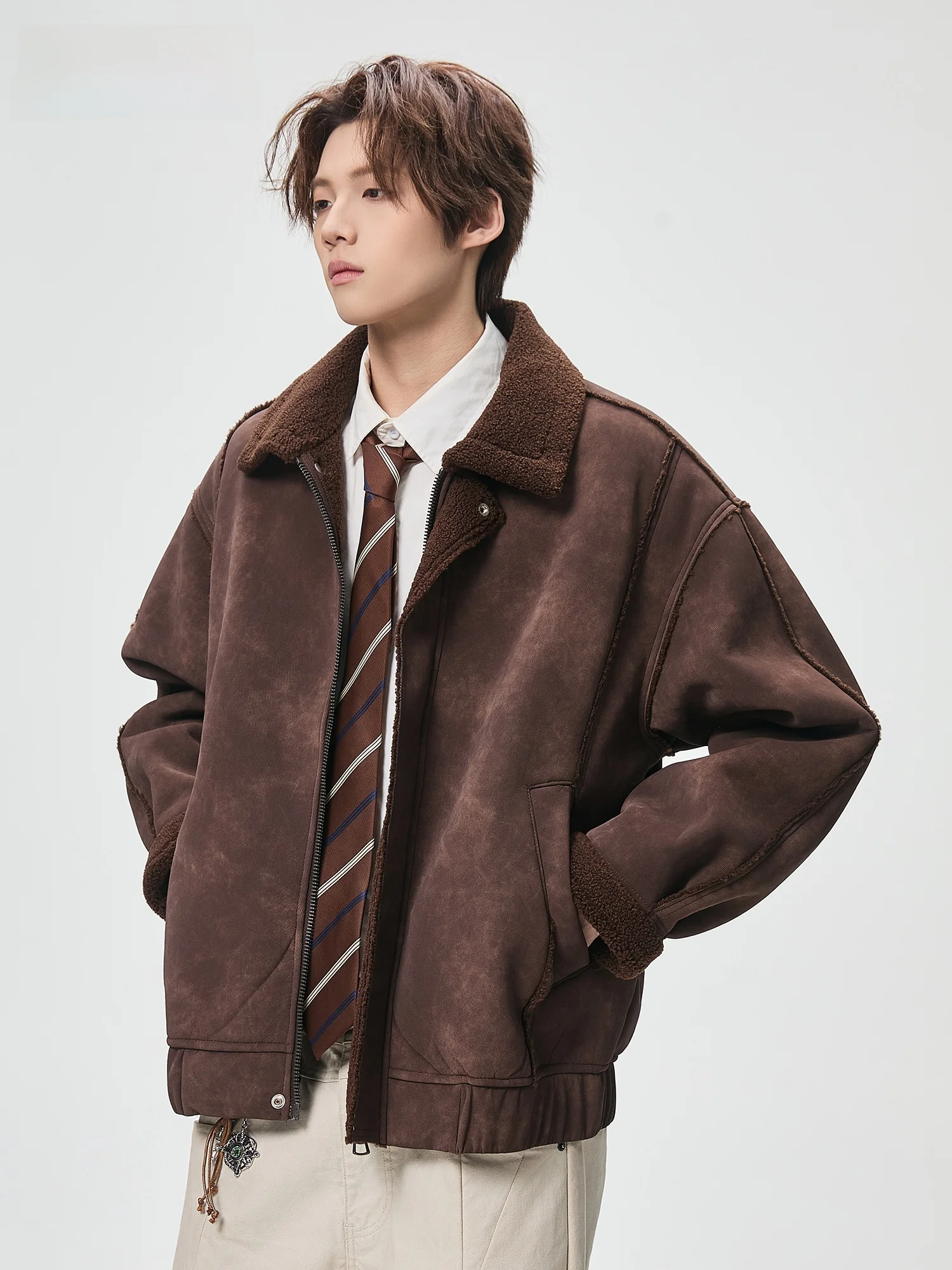 

Mark Fairwe Men's Fce Lined Jaet Loose Fit Warm Retro Stand Collar Zipper Decorated PU Leather Casual Sle Winter Coat