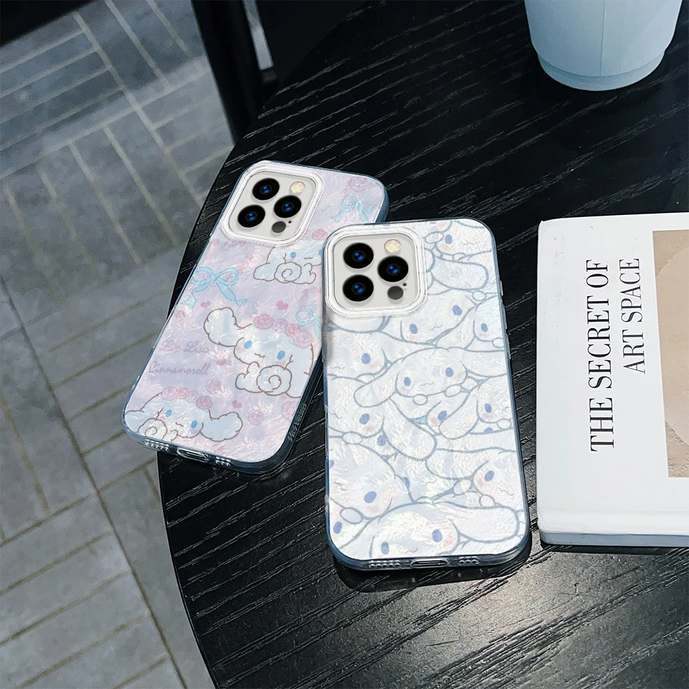 For iPhone 11 12 13 14 15 16 Pro Max Plus Glacier Chiffon Texture Silver Plated Clear Frame Case SS232 Sanrio Cinnamoroll