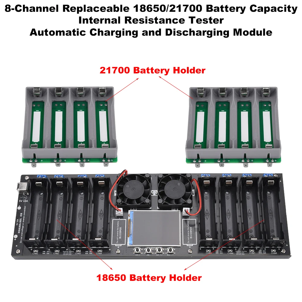 Tester di carica/scarica automatica della batteria al litio 21700 18650 a 8 canali Tester di resistenza interna di capacità Schermo a colori da 2,4 pollici DC 5V