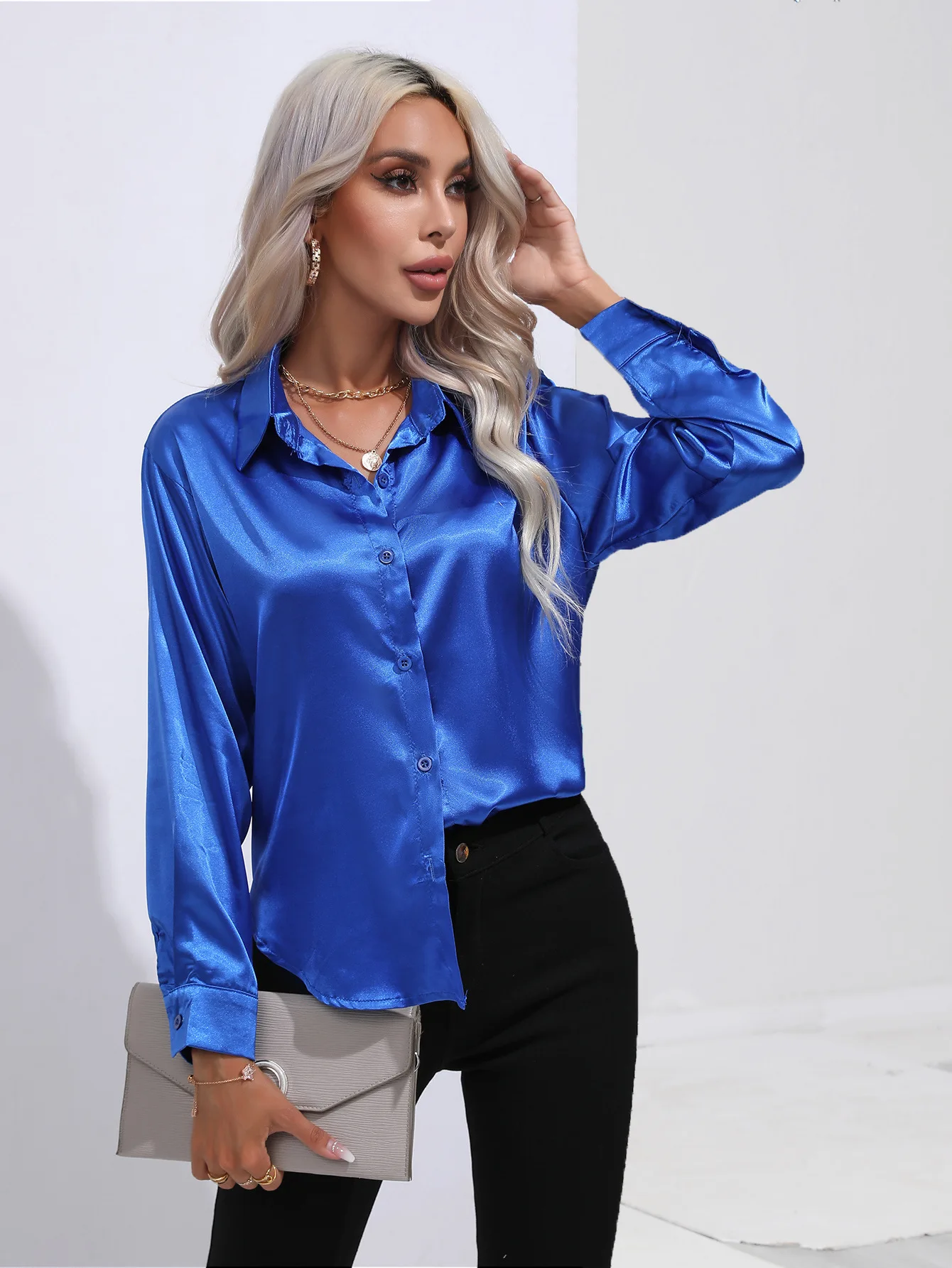 Spring Satin Shirt Women Loose Button Up Blouse Shirt Ladies Imitation Silk Long Sleeve Shirt For Women