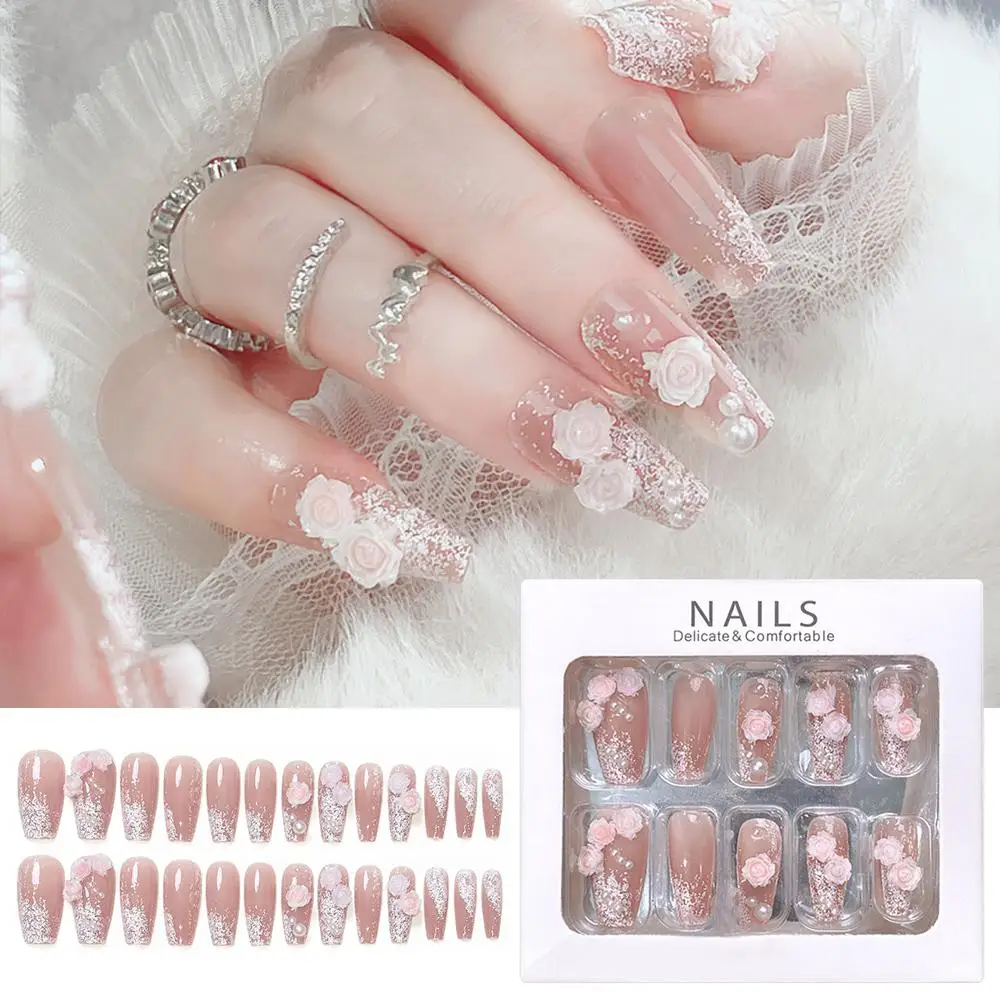 24 個パール & フラワーグリッタープレス爪アイス透明ゼリー両面粘着偽爪ラインストーン装飾