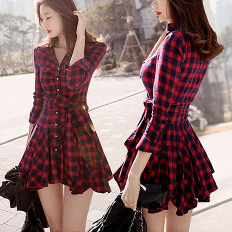 Ladies Autumn Winter Long Sleeve Button Cardigan Drawstring High Waist Red Black Plaid Short Dress