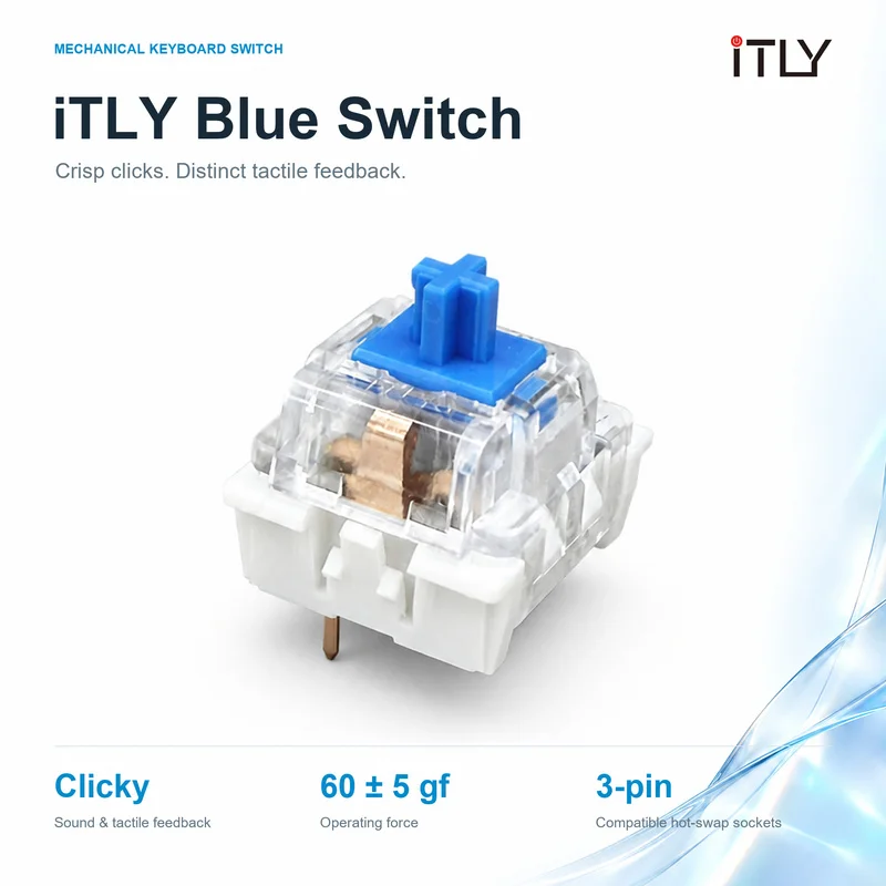 iTLY 3Pin Clicky Tactile Blue Switch 60gf Hot Swappable Pre-lubed Switch Free Pen Black Brush & 2-in-1 Keycap Switch Puller