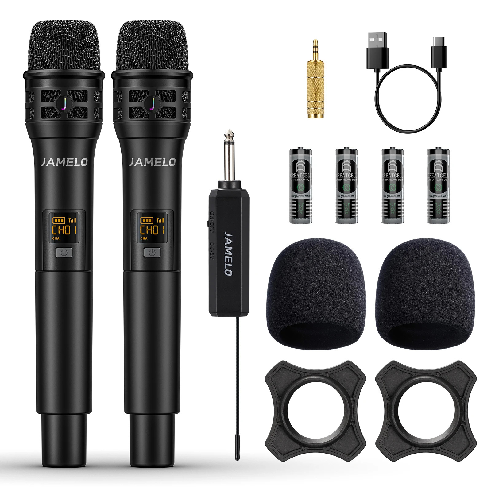 

Wireless Microphone UHF Dual Cordless Microphone System with Rechargeable Receiver Cardioid Handheld Dynamic Karaoke Mic Set
