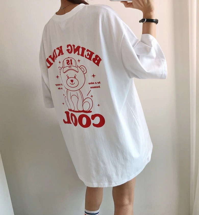 Women Men Retro Cap Bear Graphic Tees BEING KIND IS COOL Letter Star Print Loose Casual Short Sleeve Summer Black Unisex Tops