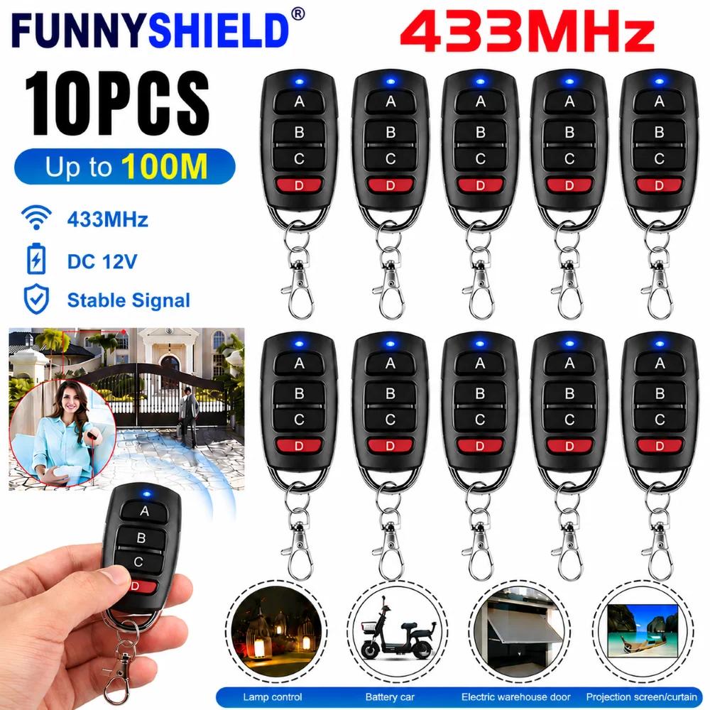 FUNNYSHIELD RF Remote Control 433MHz Car Key Garage Door Gate Opener Remote Duplicator Clone Cloning Code 4-Button Transmitter
