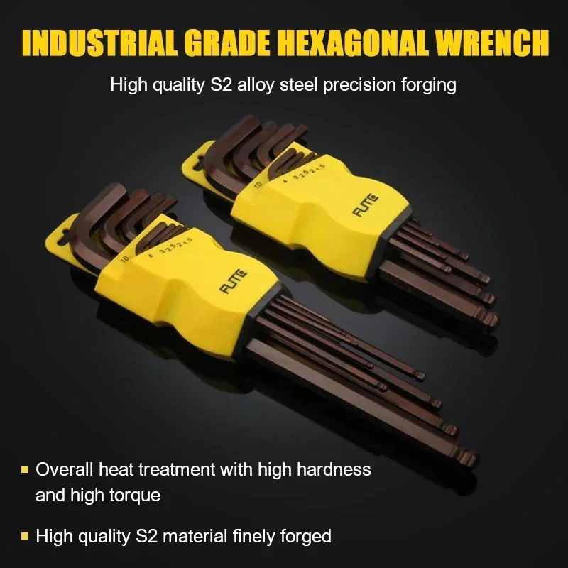 FUTE 9PCS Screwdriver Hex Wrench Set Allen Key Hexagon Flat Ball Torx Head Spanner Key Hand Tools S2 CRV Medium Length Extended