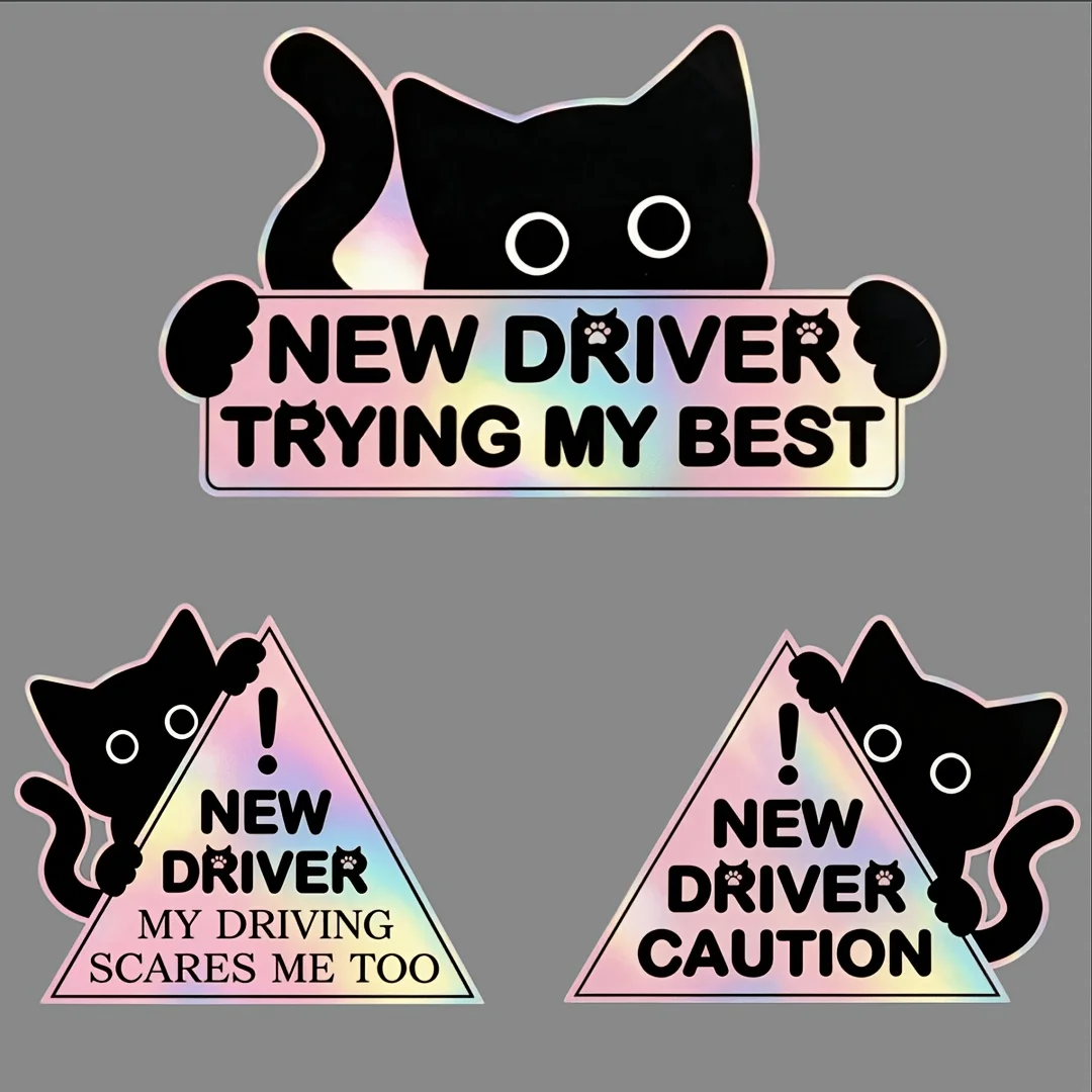 Cute Black Cat Reflective Sticker Pink Background Funny New Driver Warning Holographic Vinyl Decal Car Motorcycle JDM Decor