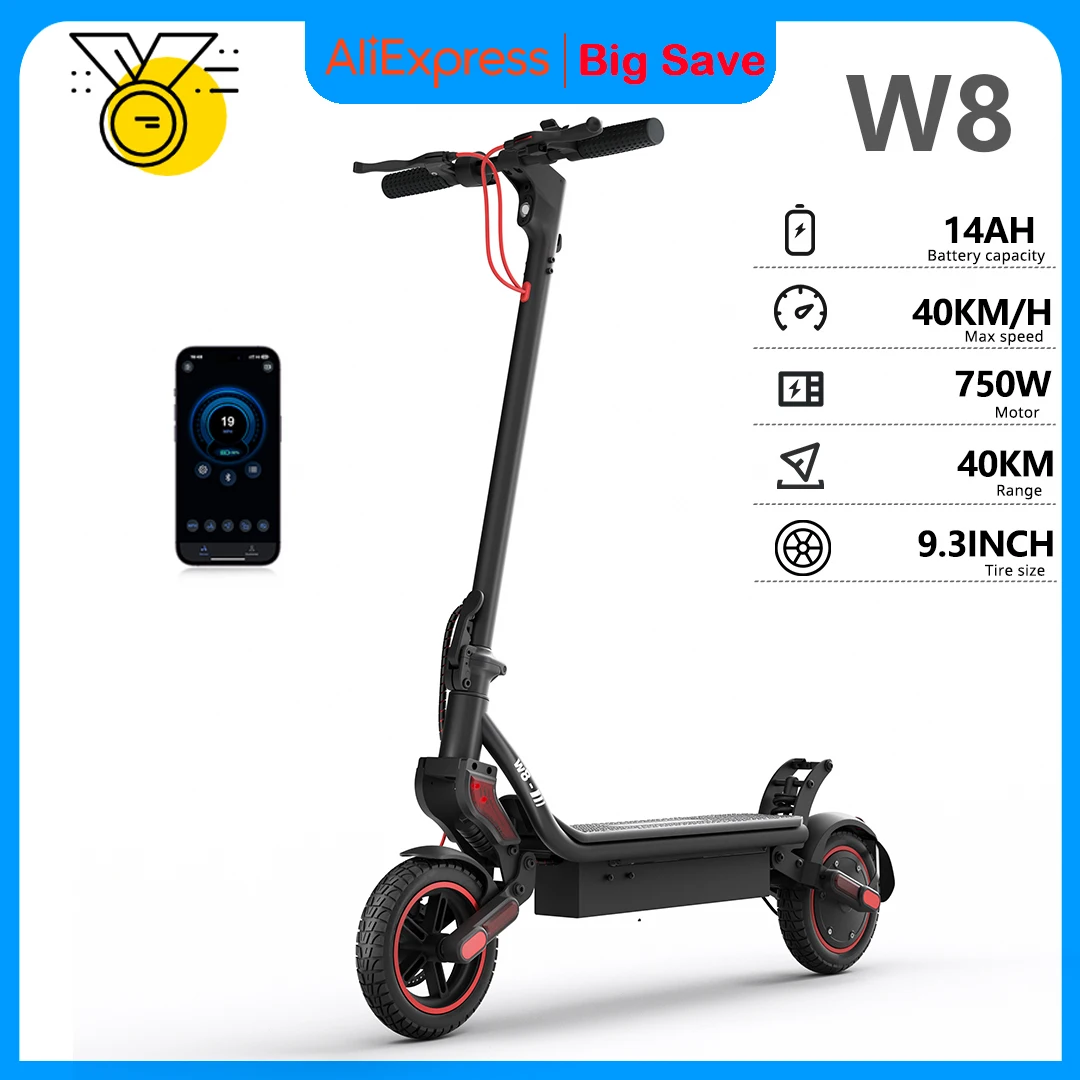 W8 Scooter électrique 9.3 "pneu 750W 48V 14Ah 40km portée double Suspension App contrôle 40 km/h lumière ambiante latérale Scooters électriques