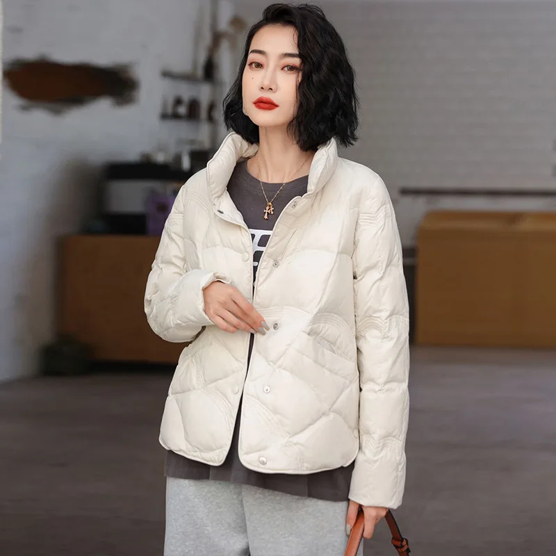 Chaqueta de plumón corta de invierno para mujer, abrigo de plumón de pato Blanco sólido a cuadros con cuello levantado, chaquetas acolchadas para mujer max mara ·хоislavк JK-229