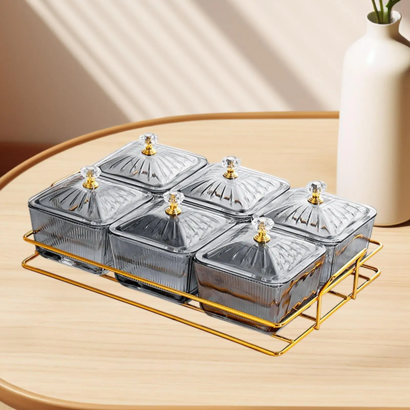 Plato de Postre Dividido con Soporte, Bandeja de Servicio de Aperitivos con Seis Compartimentos, Tupperware de Plástico para Sala de Estar u Oficina