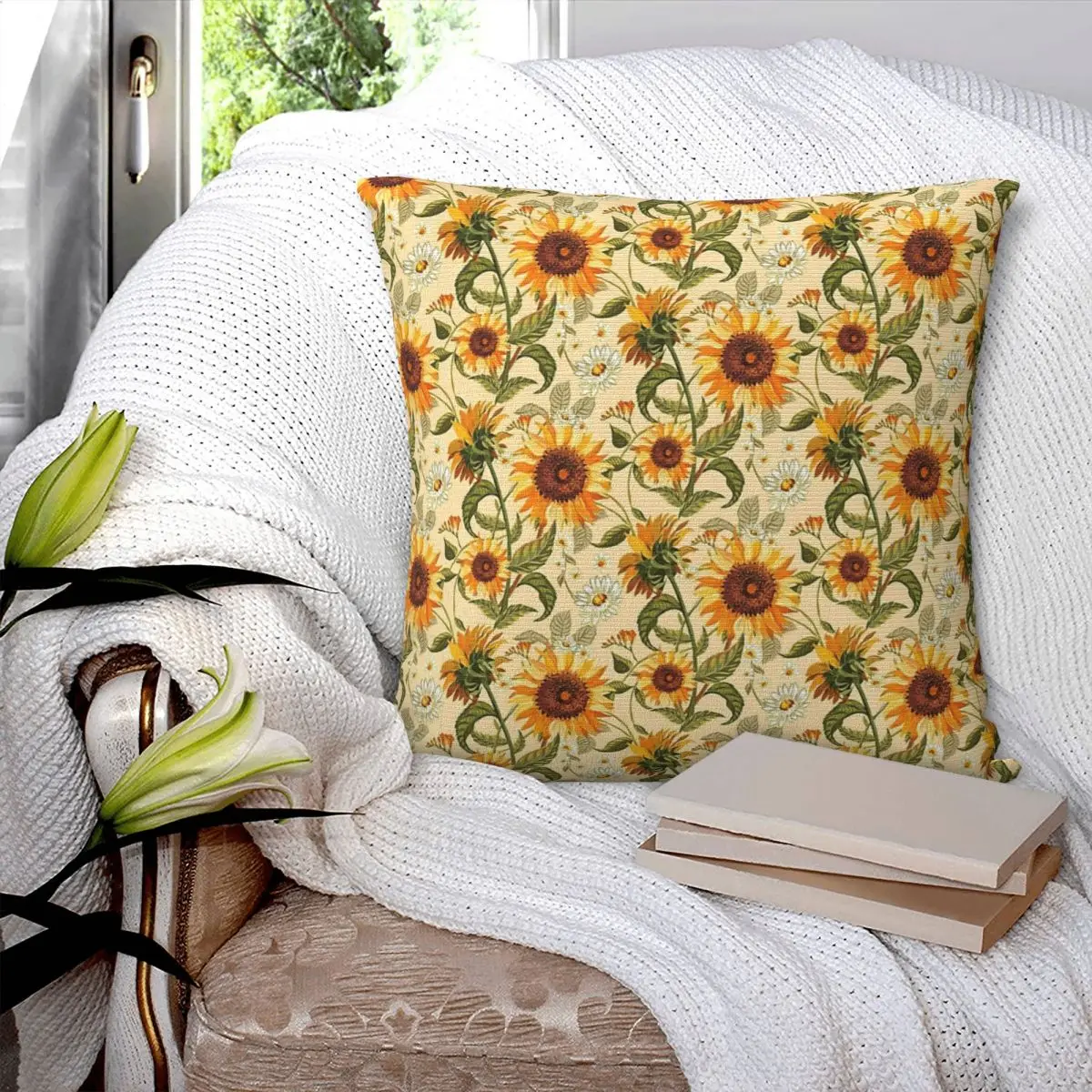 

Sunflowers 70s Vintage Golden Pattern Square Pillowcase Pillow Cover Cushion Zip Decorative Comfort Throw Pillow for Home Car