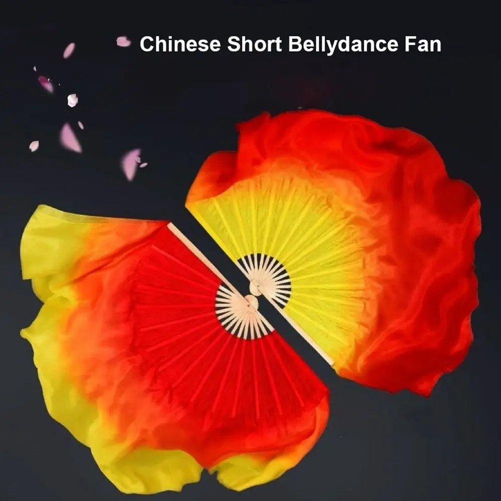 

31cm Bamboo Chinese Short Bellydance Fan 10cm Half Circle Silk Veil Long Imitation Pairs Yangko Dance Bamboo Fans