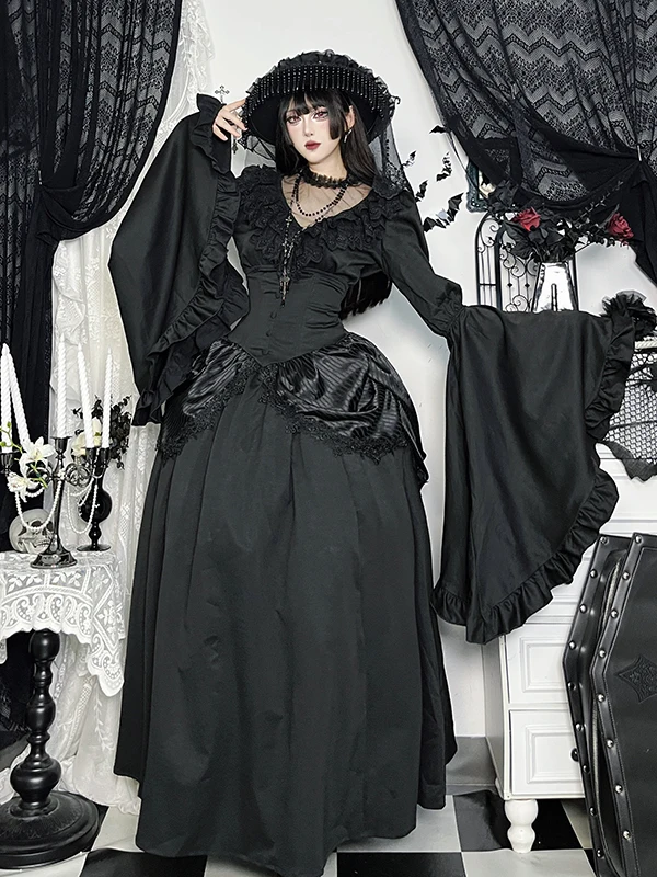 

Готическая юбка с высокой талией, черная юбка в стиле Лолиты, топ Duch, комплект из двух предметов, комплект женской одежды Faion на Хэллоуин