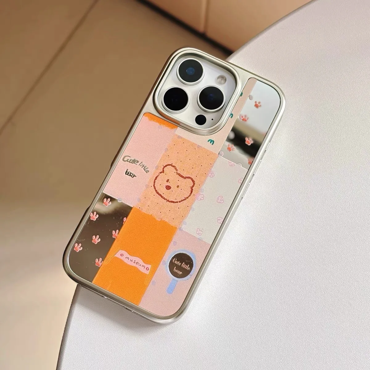 

INS KOREAN Orange Teddy Bear Silver Plated Border Phone Case for IPhone 16 15 14 PLUS 13 Pro Max Back Cover Capa