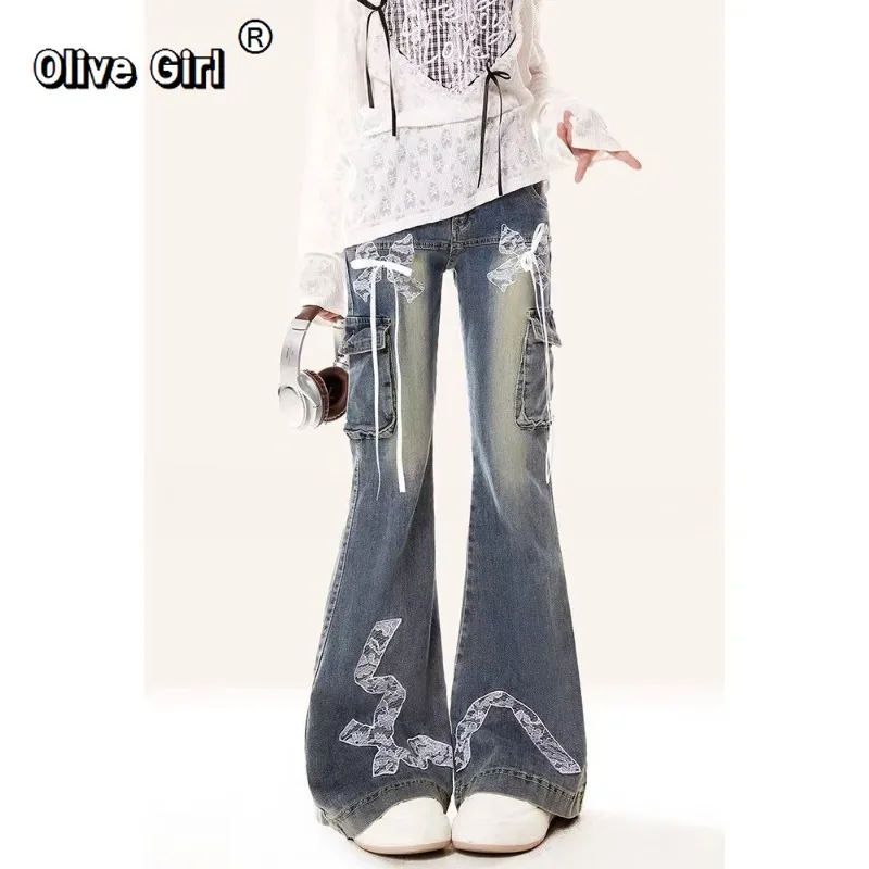 

Olivegirl Американские расклешенные джинсы Джинсовые Y2k Брюки-клеш с кружевом и бантом Брюки с карманами Harajuku Высококачественные женские брюки High Street Slim