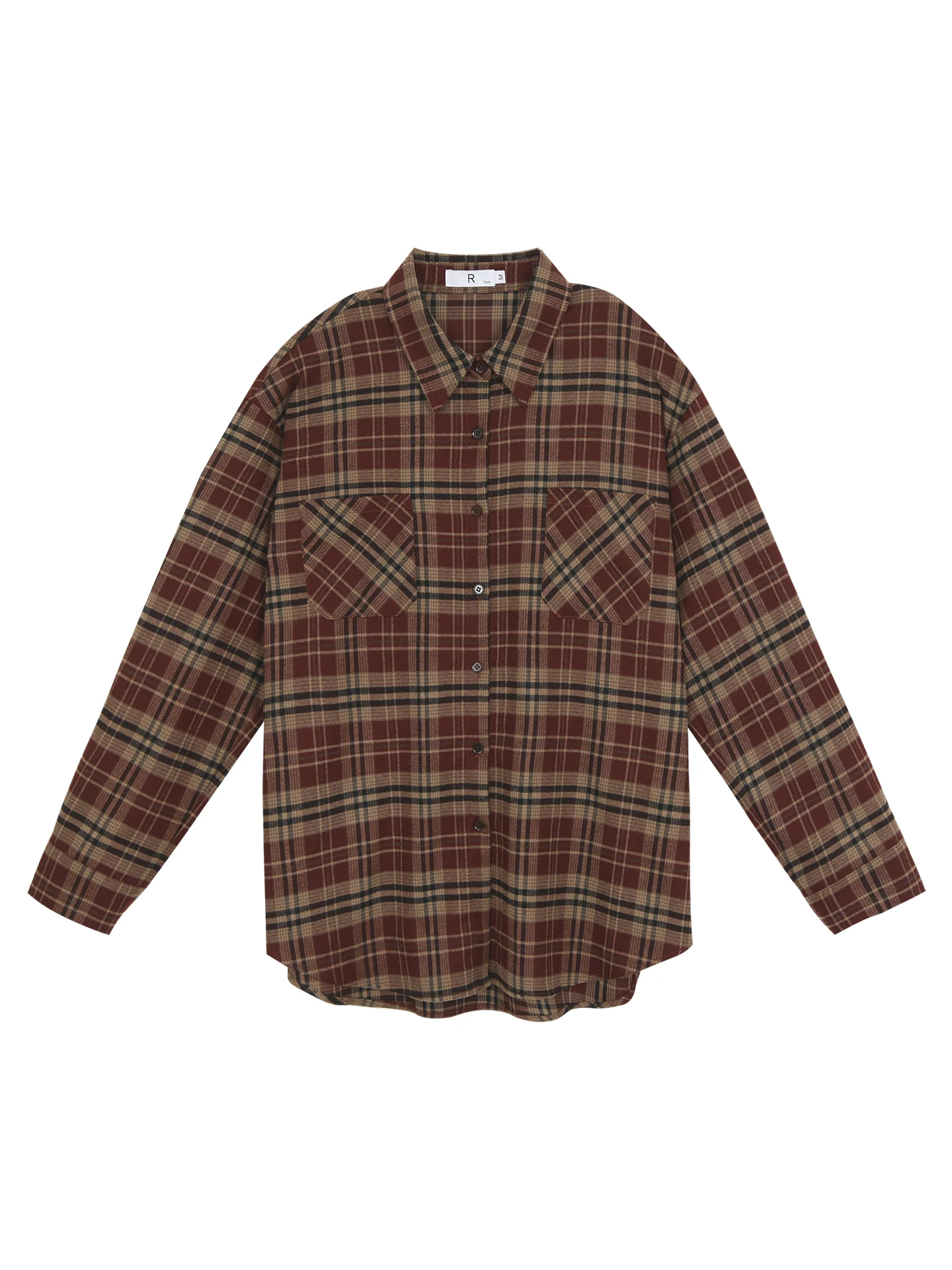 قميص نسائي منقوش من متجر ريد دوت لخريف 2025، تصميم مستقيم بأكمام طويلة وياقة بولو، سماكة عادية، مزيج من البوليستر #1