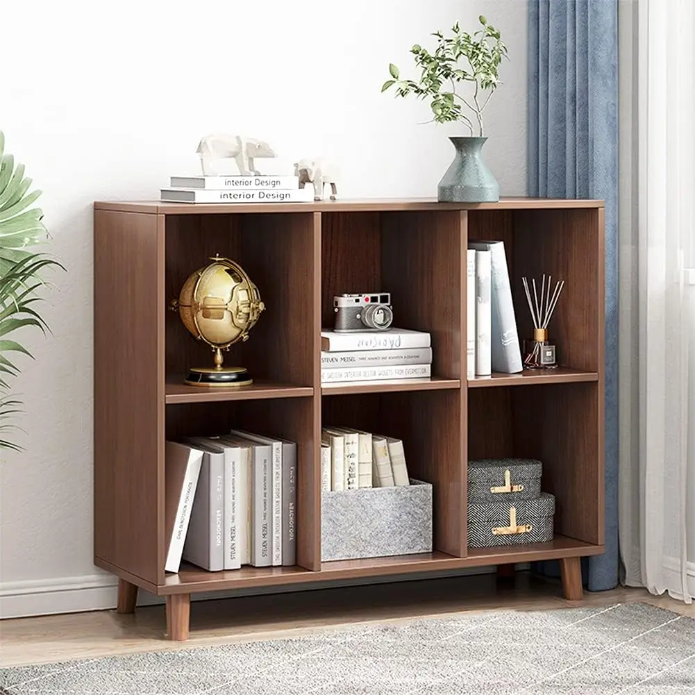Estantería abierta de 2 niveles y 6 cubos, mueble de almacenamiento independiente con patas, color nogal