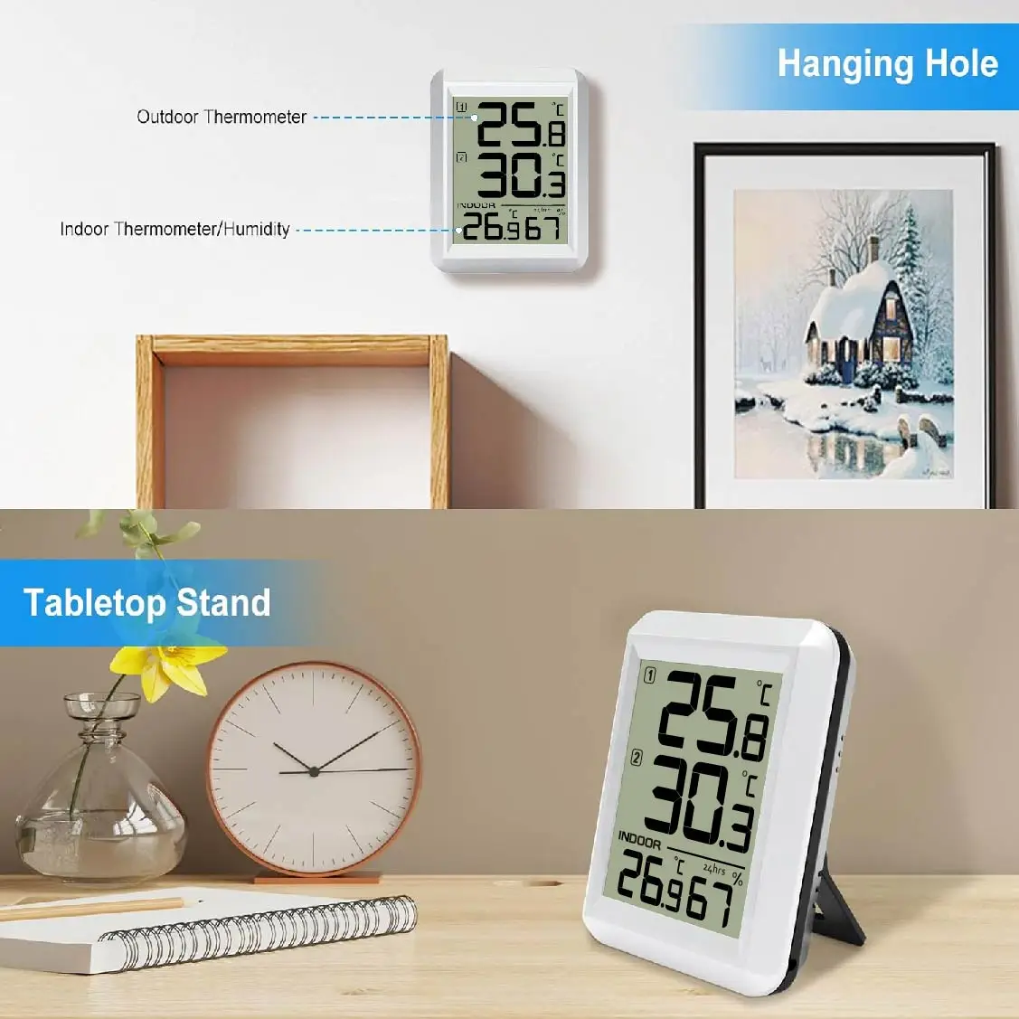 Wireless Indoor Outdoor Thermometer Hygrometer with Large LCD Display 24H Min/Max Record Multi-Room Use for Home Office