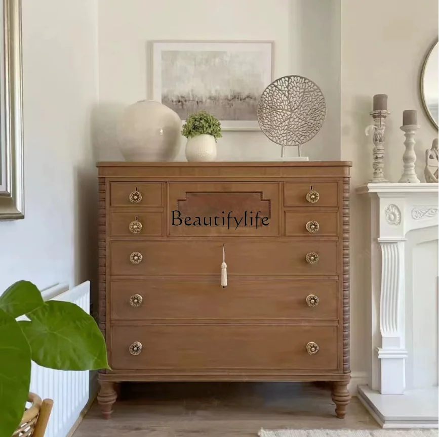 

French retro solid wood carving flower chest cabinet antique entrance locker American style