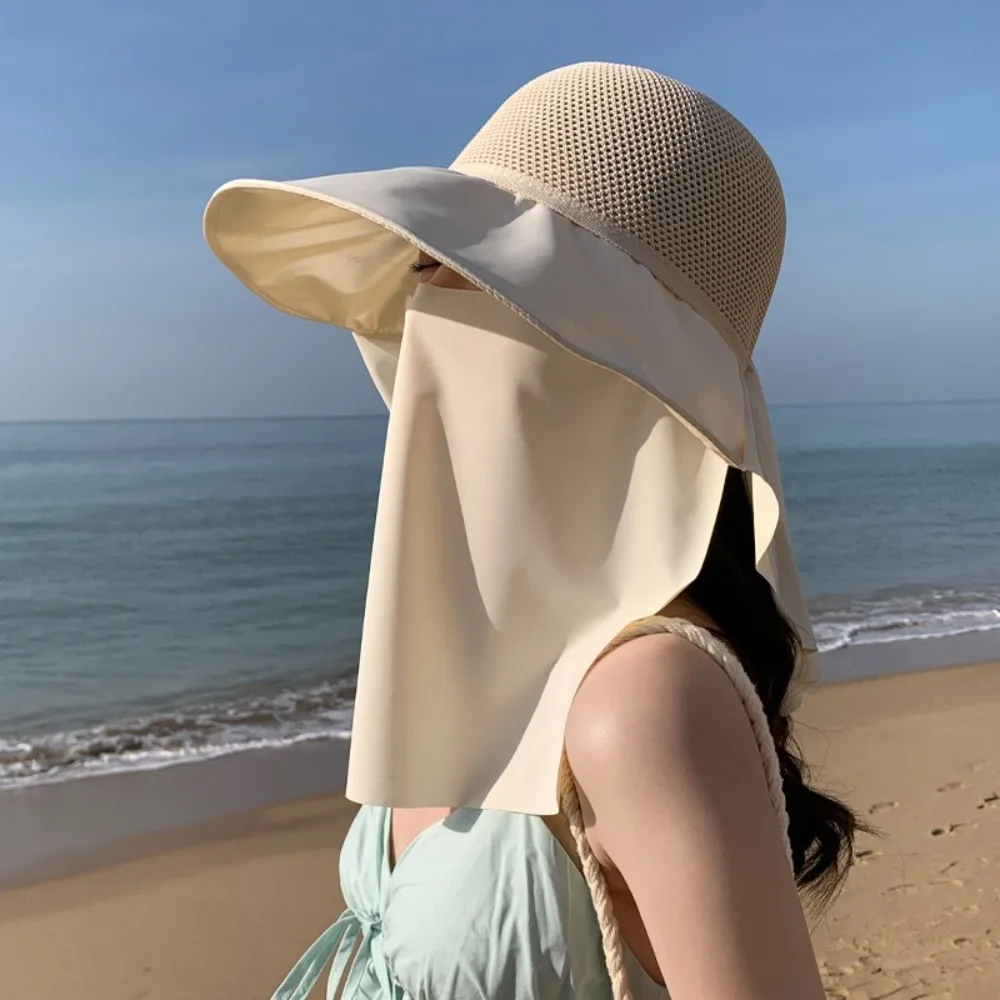 جديد تنفس قبعة الشاطئ المضادة للأشعة فوق البنفسجية حماية الرقبة شال دلو قبعة الجليد شبكة حرير قناع قبعة النساء