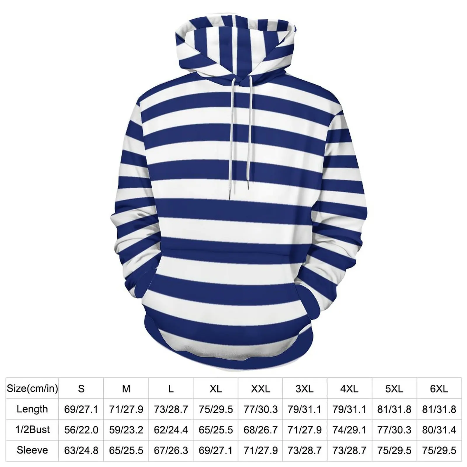 Retro Nautical Hoodies Navy Blue and White Stripe Hip Hop Casual Hoodie Long Sleeve Modern Graphic Hooded Sweatshirts Gift Idea