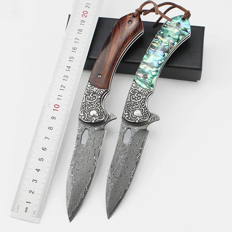 

Damascus vg10 steel Outdoor Knife rosewood/colored shell handle Hunting Survival EDC Folding Pocket Knives Hiking Camping Tool