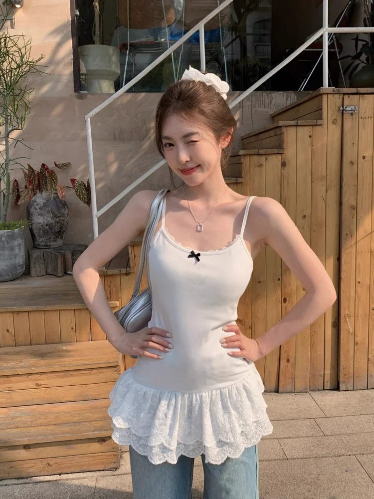 순면 레이스 헴 매듭 스트랩 베스트 여성용 봄 여름 슬림 핏 이너웨어 베이스 레이어 아우터웨어 탑