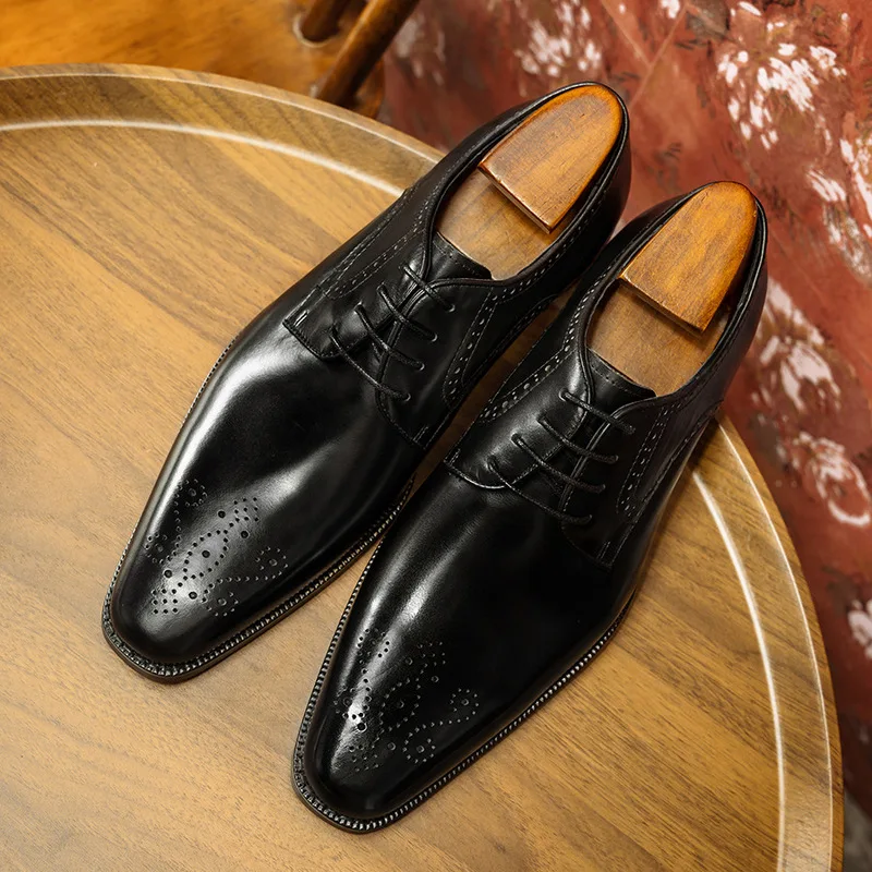 Men's brogue leather shoes, business formal wear, cowhide men's shoes, small square toe derby shoes