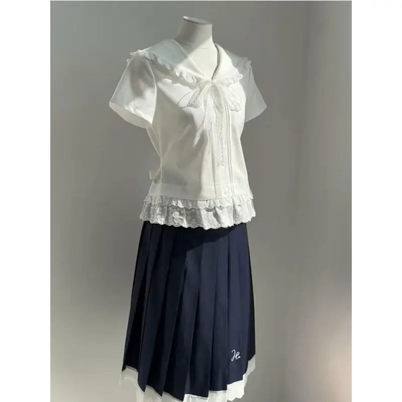 Kimotimo Preppy Style White Shirts Women Patchwork Lace Short Sleeve Button Blouses Summer Japanese Sweet Lolita Versatile Tops