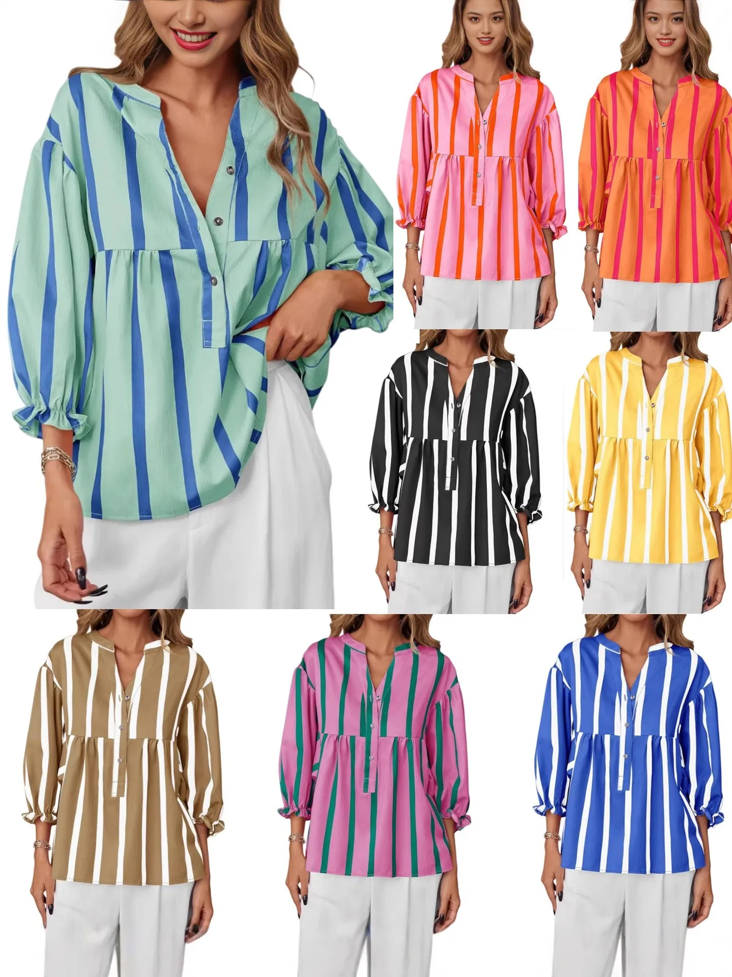 

Летняя женская одежда: полосатая блузка с V-образным вырезом, свободного кроя, из полиэстера, стандартного размера, с рукавами три четверти и расклешенными рукавами.