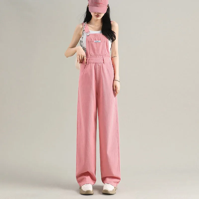 Chic Korean Pink Denim Jumpsuit Women Summer Autumn High Waist Pockets Jumpsuits Combinaison Femme Sexy Overalls