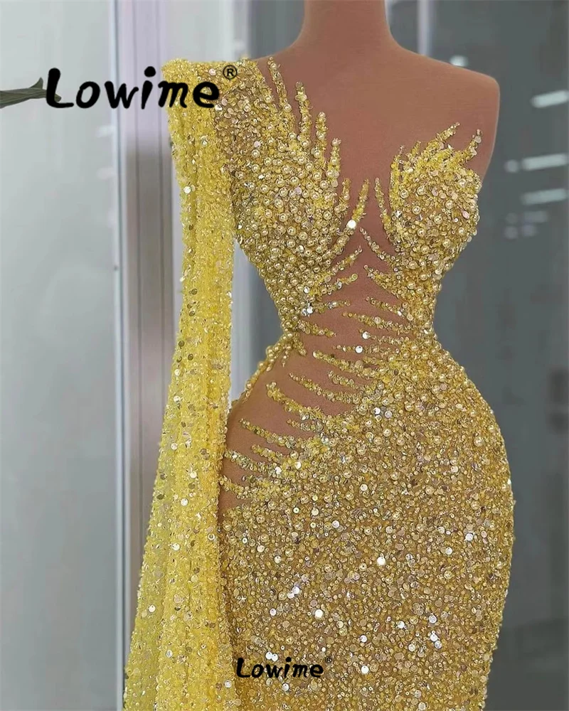 Gelbes durchsichtiges Abendkleid Aso Ebi Kristall Meerjungfrau Partykleid Pailletten One Shoulder Geburtstag Abendkleider Langarm Robe