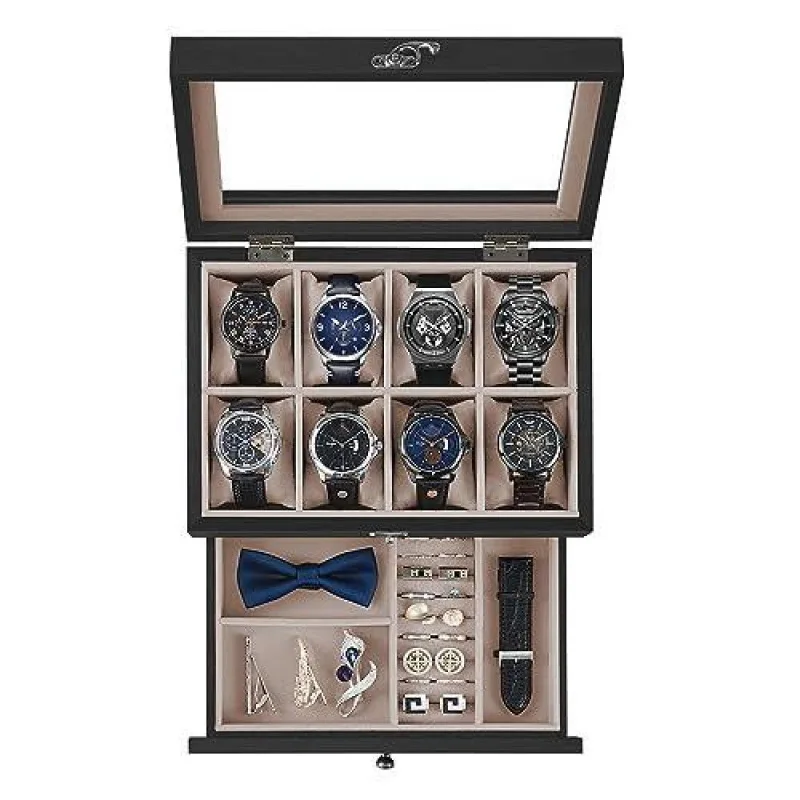

Watch Storage Box Watch Box 2-Layer Display Case With Glass Lid Mens Jewelry Box Storage Organizer Valentine Gifts for Men