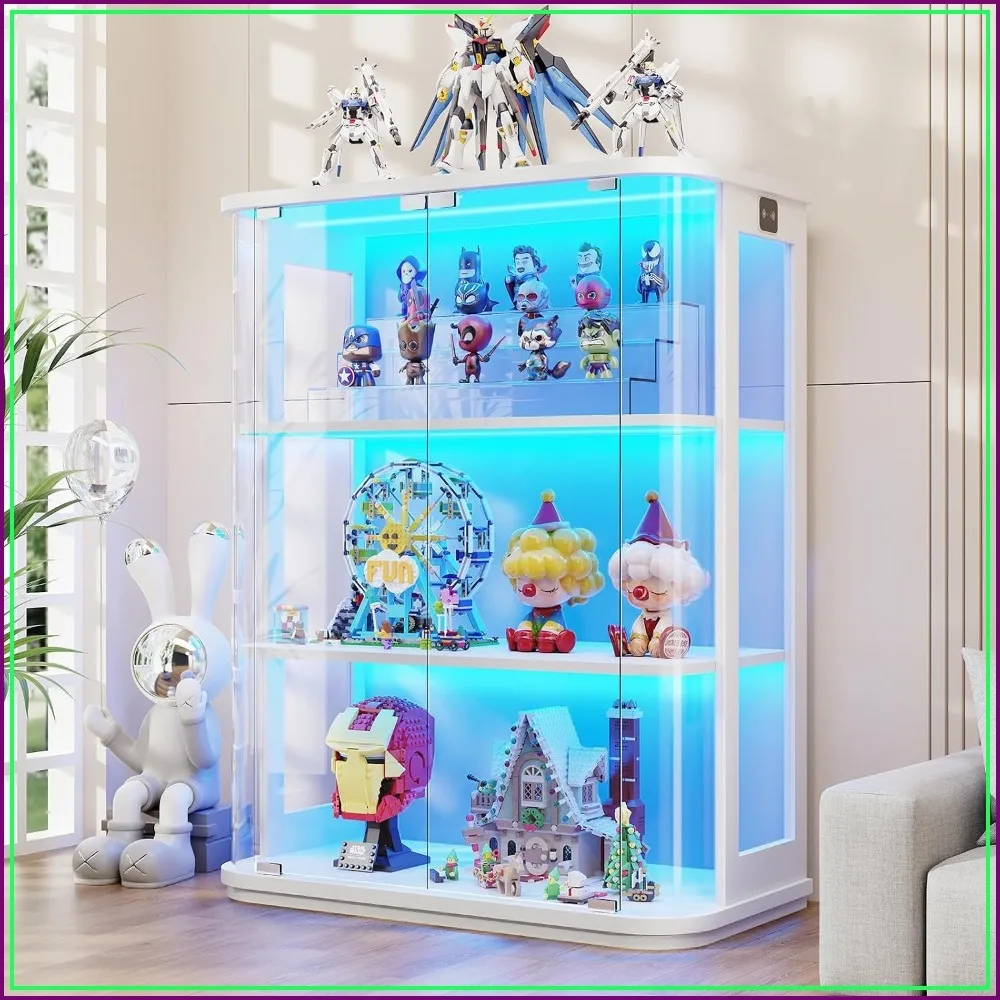 3-Tier Rounded Display Cabinet with Lights & Human Body Sensor, White