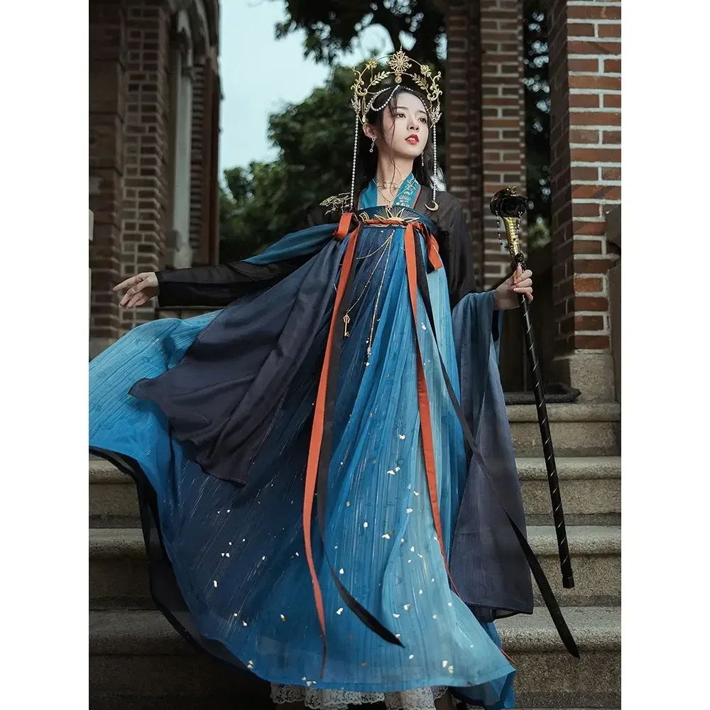 Tranditional Han Styel Costume Southern Dynasties Hanfu Suit Black Top Blue Skirt Made By Tang Dynasty With A Chest Length Skirt