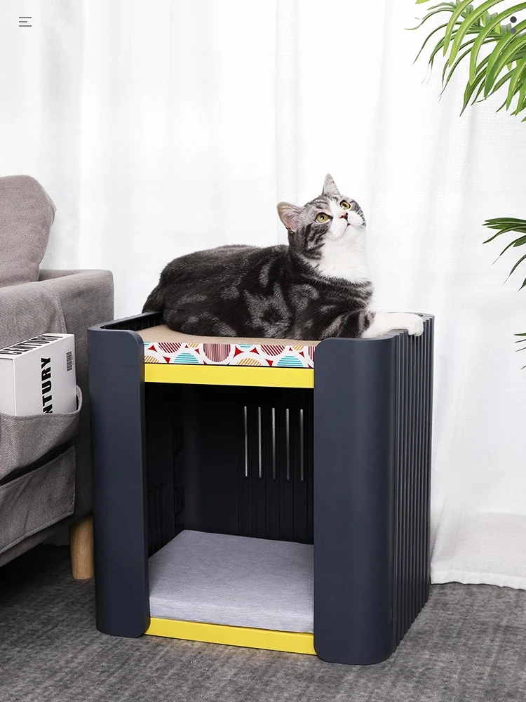 Double-decker cat house cat scratch board in upper and lower cat houses in summer, and semi-closed bedside table