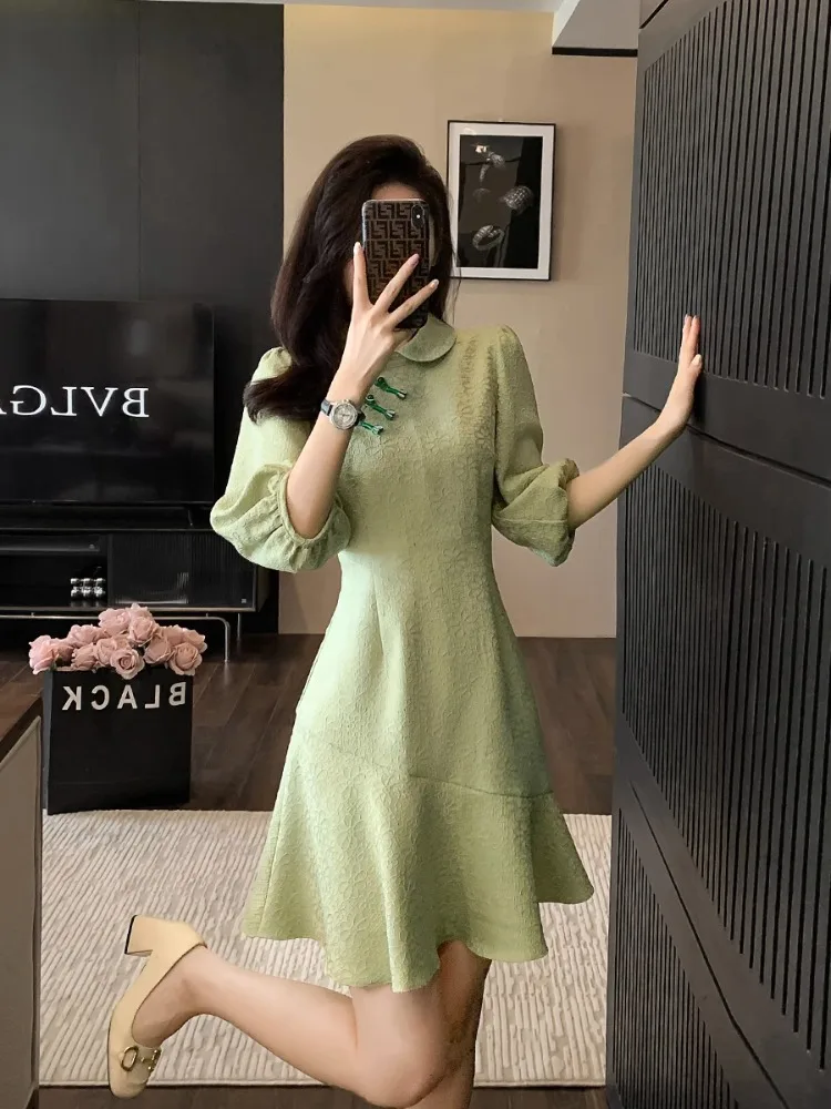 

New Chinese Sle ort Bubble Sve Dr Ele mat Design for Women 25-35 Years Old Daily Wear Polyester Fiber